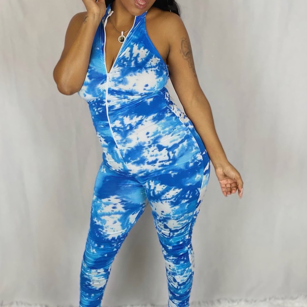 WOMENS SEXY COMFY SLEEVELESS RUCHED TIE DYE CLOUDS JUMPSUIT